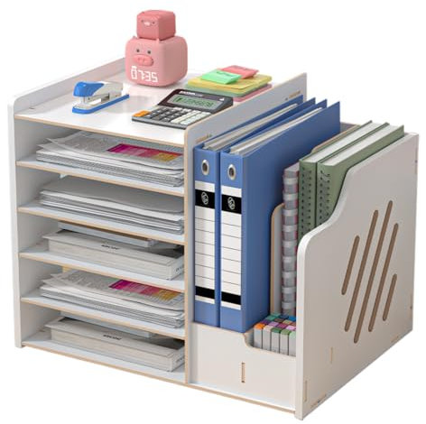 Hggzeg Wooden Desk Organiser, Large Capacity Desktop Organizer File Rack A4 Paper Document Sorter, DIY Office Supplies Storage Box for Home, Office and School (JB07-4 White)