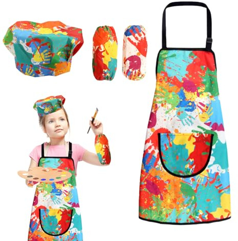 RobLuX Malschürze Kinder Malkittel Schule 7-12 Jahre Bastelschürze Kinder Wasserdicht Malkittel für Basteln Malen Backen Kochen Schule (mit 2 Manschette und 1 Hüte)