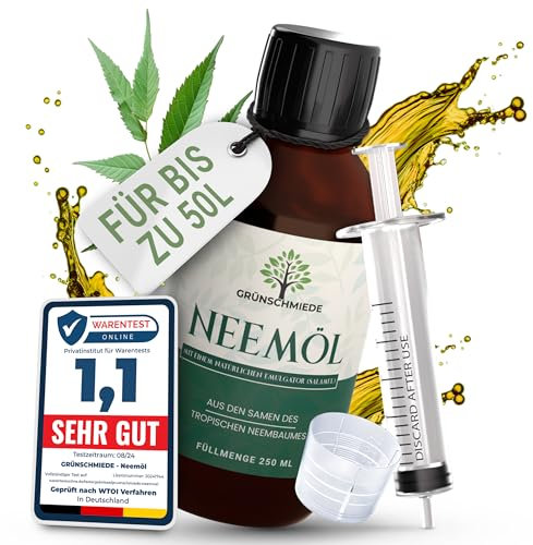 GRÜNSCHMIEDE - Premium Neemöl mit Emulgator [250 ml], natürliches Niemöl zur Planzenpflege inkl. Dosierspritze und Dosierkappe