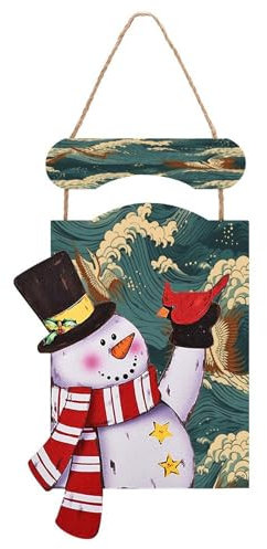 Plaque en bois bonhomme de neige de Noël, papier peint vague japonaise, panneau de vacances en bois pour intérieur et extérieur, décoration murale à suspendre