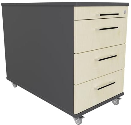 Eigentlich Rollcontainer 80 cm tief, 3 Schubladen und Materialauszug, Rollschrank B43xT80xH65 cm abschließbar, Schreibtischunterschrank versch. Farben (Korpus Anthrazit, Front Ahorn)