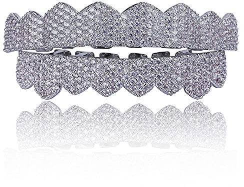 Generic Männer und Frauen 18K Gold überzogen Hip Hop Luxuriöse Zähne Grillz - Iced Out, Vampire Zähne Silber Grills mit zusätzlichen Molding Bars für Cosplay,Silber
