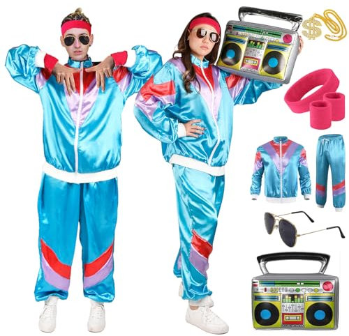 90er 80er Jahre Outfit Herren Damen- Retro 90er Trainingsanzug Jogginganzug 80er Jahre Accessoires Bad Taste Kostüm Jacke Hose Anzug Disco Party Kleidung für 80s 90s Mottoparty Schlagerparty Karneval