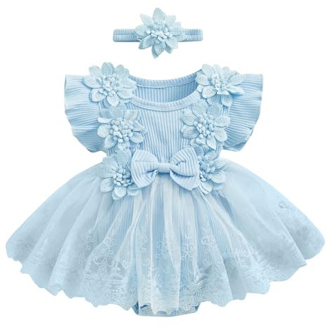 LYSINK Newborn Baby Girl Romper Dress Short Sleeve Mesh Tutu Dress Flower Lace Ruffle Jumpsuits Dress Headband 2Pcs Outfits (Ba Blue, 3-6 Months)
