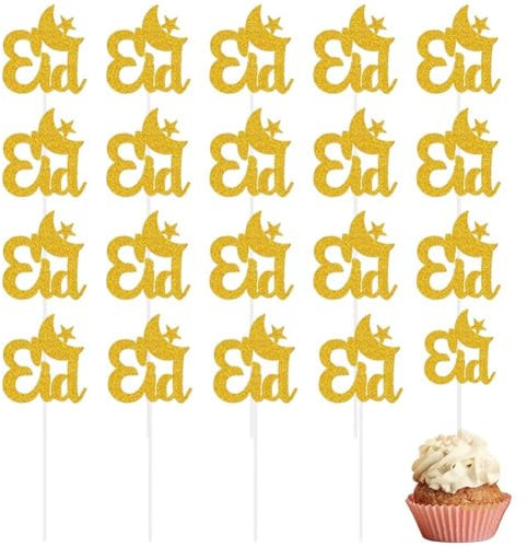 Lpitoy 20 Stück Eid Mubarak Cupcake Topper Glitzer Ramadan Cupcake Topper Eid Dekorationen Kuchen Topper Für Muslimische Festival Party Supplies