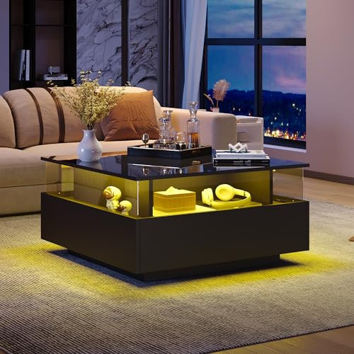 Merax Square Coffee Table with Storage, Modern LED Coffee Table, Square Tea Table with 2 Sliding Drawers, Center Table for Living Room, High Gloss Tabletop, Black, 70x70x41cm