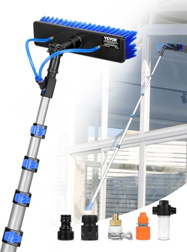 VEVOR 9m Cleaning Pole with Extendable Handle, 180° Rotatable Brush Head & 20m Hose, Household & Outdoor Window Cleaner Tool for Caravan Solar Panel Deck, Blue, 2125-9023 mm