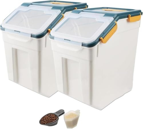 Uotyle Blue 25kg Airtight Flour Storage Container with Measuring Cups, Hooks, Scoops, Rice Organizer Box, Large Plastic Food Bin with Lid for Dog, Cat Food, Flour, Rice, Cereal, Nuts(2 Pcs)
