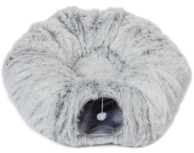 Danish Design Cat Tunnel Fur Grey - Plush Play Tunnel and Bed with Removable Mattress for Cats - Foldable for Storage