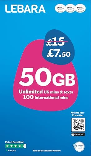 Lebara Mobile SIM Card: 50GB Data SIM Only Plan for £7.50, Half Price for First 3 Months, No Contract, UK Calls, Texts, International Minutes, EU and India Roaming Included, Fits All Devices