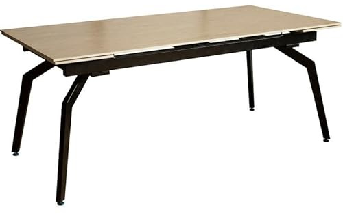 DRW Table rectangulaire Extensible en mélamine Effet marbre travertin et métal Noir et Beige 76 x 240 x 90 cm