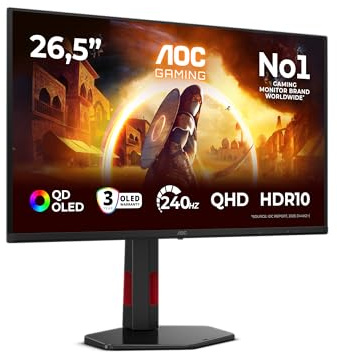 AOC Q27G4ZDR Gaming Monitor 27 Pulgadas 240Hz Panel QD-OLED, 0.03ms GtG, HDR10, G-Sync Compatible, Altura Ajustable, (2560x1440 HDMI 2X 2.1 DP 1x 1.4 USB Hub) Negro