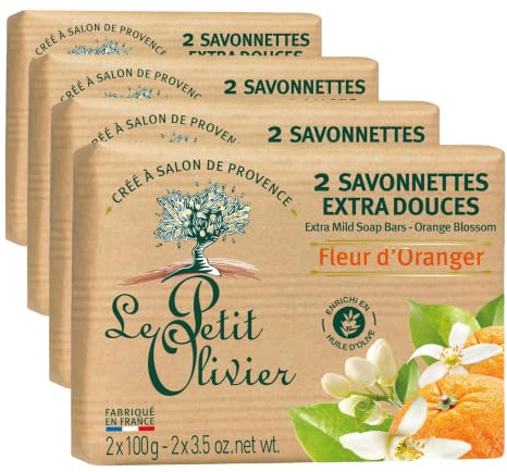 LE PETIT OLIVIER - 2 Savonnettes Extra Douces - Fleur D'Oranger - Parfum De La Région De Grasse - Nettoient La Peau En Douceur - Fabriqué en France - 2x100g (Lot de 4)