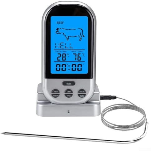 Kabelloses Grillthermometer mit digitalem LCD-Display, 30 m Reichweite, Fernsonde für Grill, Ofen, Braten und Kochen, Edelstahl-Sonde, Dual-Temperatur-Einheiten (°F/°C), 8 Fleischvoreinstellungen
