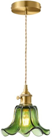 EDISHINE Vintage Pendelleuchte mit grünem Blüten-Glasschirm, E27 | 1,5 m höhenverstellbares Hanfseil, Drehschalter, inkl. Leuchtmittel, ideal für Kücheninsel, Esszimmer und Flur
