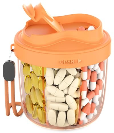 Pill Organizer,Pill Dispenser with 7 Large Compartments,Portable Pill Box Bottle Box with Wide Opening for Easy Use, Anti-Mix Tablet Organiser for Travel,Includes 20 Pcs Sticky Labels（Orange）