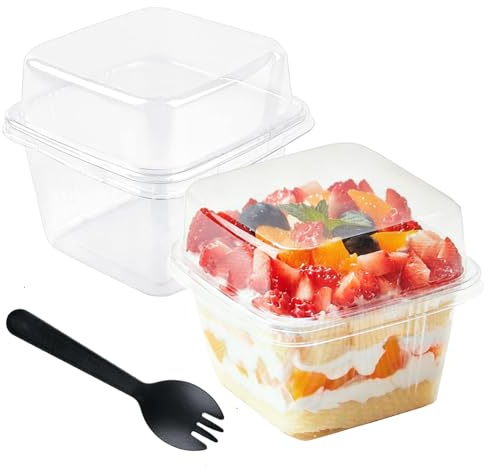 ONEINHE 50 Pack Square Plastic Dessert Cups with Lids and Sporks, 240ml