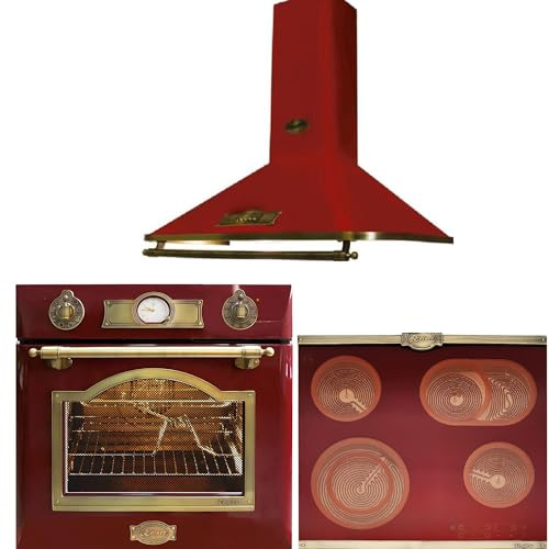 Kaiser Backofen Set 60cm Empire RotEm EH 6355 + KCT 6185 + A 6315 • Autark Herd Set • Retro Vintage Küche Set Bordeaux • Einbau Backofen 67L • Hi-Light Glaskeramik-Kochfeld • Dunstabzugshaube 910 m³/h