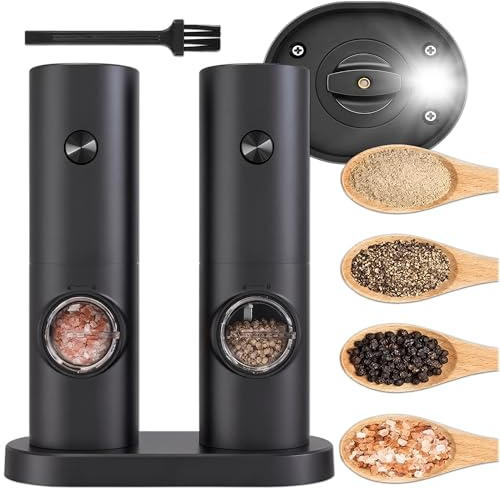 KRUMAD Salz und Pfeffermühle, Grinder, Gewürzmühle, Pfeffer und Salzmühle | Elektrisch 2 Set, mit Einstellbare Mahlstärke, 22 cm x 6 cm, ABS, Edelstahl, Keramik, Automatischen Abschaltfunktion, Schwarz