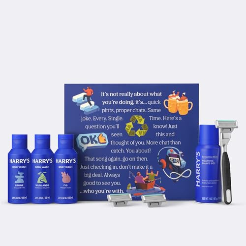 Harry's Plus Grooming Gift Set for Men - Plus Razor, 2 x 5-Blade Cartridges 3 x Mini Travel Shower Gel, 1 x Mini Shave Gel - Perfect Shave Shower Kit