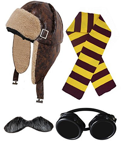 I LOVE FANCY DRESS LTD FLIEGERMÜTZE/RUSSENMÜTZE +Schwarze Googles + SCHNÄUTZER = 4 VERSCHIEDEN FARBENDEN SCHALS = HELLES TEDDYFELL IN Innenseite = MÜTZE MIT OHRKLAPPEN + Kastanie/Goldner SCHAL