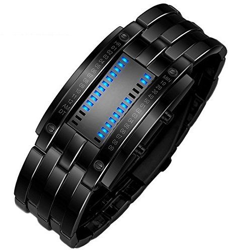 TONSHEN Montres Binaire Hommes et Femme Noir Acier Inoxydable Montre Digital Sport Electronique Bleu LED Lumière Cool Montre Bracelet pour Homme Garçon Date Mode Rectangulaire Bordure (Homme)