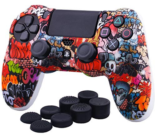 YoRHa Transferencia de Agua Camuflaje de Impresión Silicona Caso Piel Fundas Protectores cubierta para PS4/slim/Pro Dualshock 4 Mando x 1 (Calavera Pintada) Con los Puños Pulgar Thumb Gripsx 8