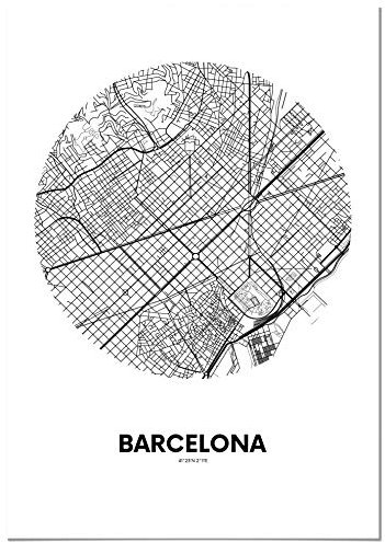 Panorama Aluminium Dibond Weiß Karte Kreis von Barcelona 21 x 30 cm- Gedruckt auf qualitativ hochwertigem Aluminium Dibond Weiß - Wandbild Wohnzimmer - Bilder Schlafzimmer Vintage - Deko Hause