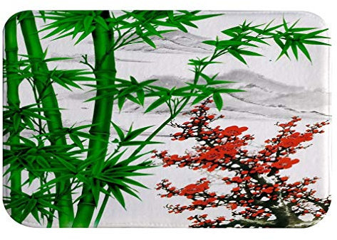 A.Monamour Aquarelle Chinois Traditionnel Vert Bambou Prune Rouge Fleurs Nature Absorbant Flanelle Tapis De Bain Antidérapants Tapis De Sol Tapis De Passage Runner Tapis De Salle De Bain 40x120cm