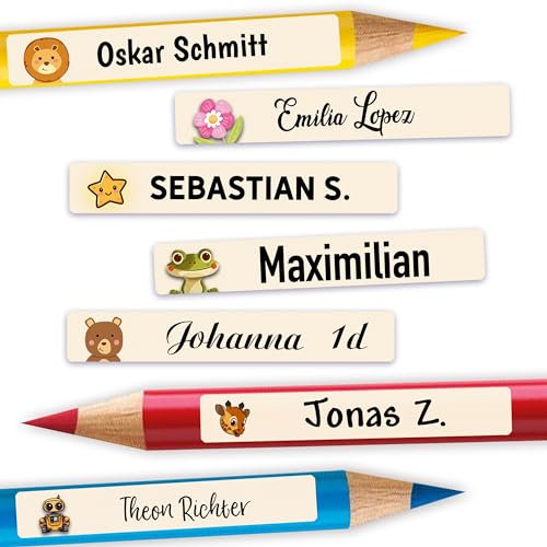 Sunnywall® Namensaufkleber Kinder – Stifteaufkleber personalisiert für Schule & Kita, ideal für Stifte & Schulsachen, wasserfest & spülmaschinenfest, extra starker Halt (Creme)