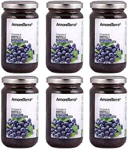 AmoreTerra (6 Pz.) confettura, composta di Mirtilli BIO senza zucchero, 220g, senza pectina, marmellata, biologica, 120g di frutta per 100g di prodotto