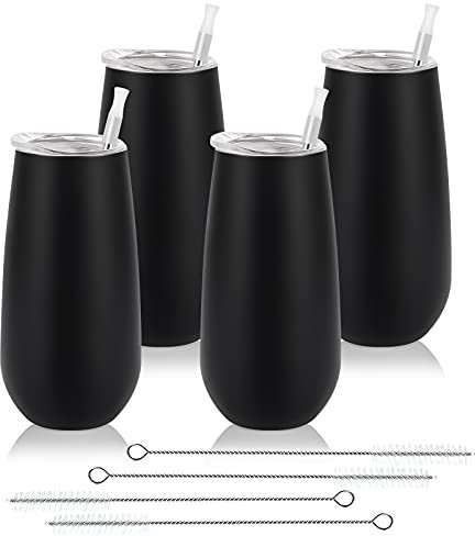 Lot de 4 verres à champagne sans pied isothermes à double isolation – Verres à champagne réutilisables avec couvercle – Flûte à champagne sans pied – 177 ml (noir)