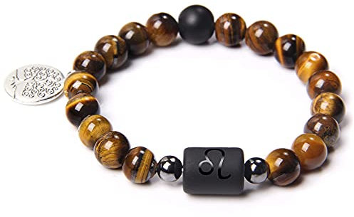 QYAQ Natürliche Damen Armbänder,7 Chakra Natürliche Tiger Eye Stein Perlen Armband Elastische Leo Sternbild Stein Armreif Mode Boho Yoga Dame Schmuck Geschenk Für Freundin Mutter