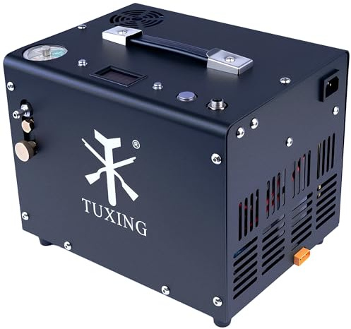TUXING 4500Psi PCP Kompressor, automatische Abschaltung, öl- und wasserfreie Luftgewehr- und Paintballtankpumpe mit Wasser-Öl-Abscheider, integrierter Stromadapter (220V AC oder 12V Autobatterie)