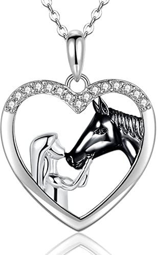 Mädchen Kette Herz Halskette Damen 925 Ketten Schwarz| Mutter Silberkette Mädchen & Pferd Herz Kette Silber Damen Ketten Schmuck Damen Geschenk für Frauen Mutter Weihnachten Geburstag mit Geschenkbox
