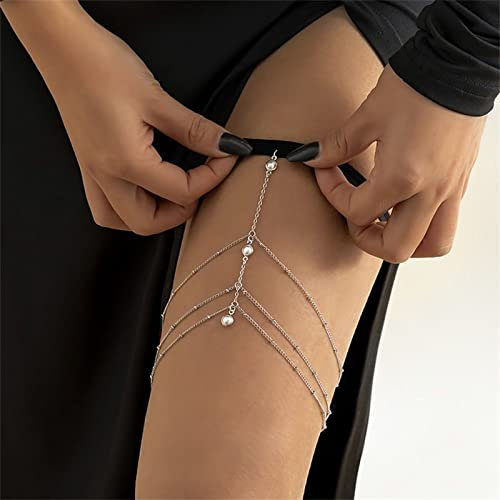 Inateannal Imitationsperle Bein-Körperkette für Frauen Mädchen Mehrschichtige Quaste Oberschenkelkette Boho Strand Stretch Körperkette Harness Rave Oberschenkel Zubehör für Nachtclub Party