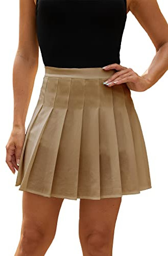 HERBATOMIA Damen Plissee Mini Solid Schuluniform Röcke für Damen, Khaki, Klein