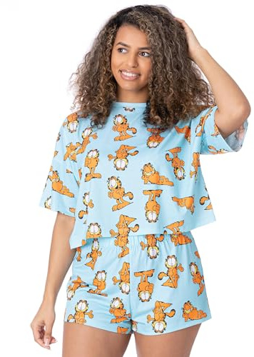 Garfield Womens Pyjama Set | Ladies Cropped Short Sleeved T-Shirt With Shorts Bottoms Pjs | Pastel Blue with Orange Cartoon Cat All Over Print Movie Nightwear Pyjama Merchandise for Adults