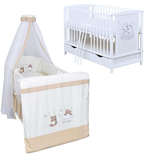 Generisch Baby Delux Babybett Komplett Set Mia umbaubar zum Juniorbett weiß 120x60 Matratze Schublade Schutzgitter Bettset Premium (Traumland beige)