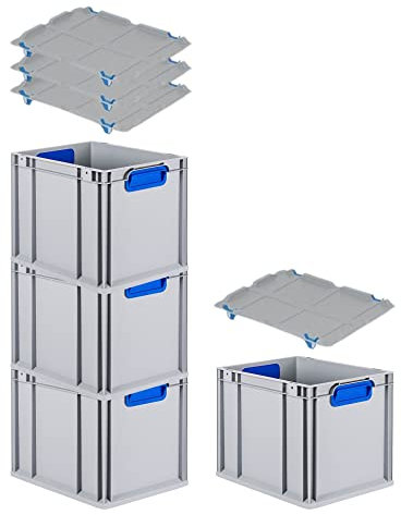 PROREGAL SuperSparSet 4x Eurobox NextGen Color mit Auflagedeckel & Schiebeschnappverschlüsse, HxBxT 32x30x40cm, 30L, Griffe blau geschlossen, Glatter Boden, Eurobehälter Transportbox Transportbehälter
