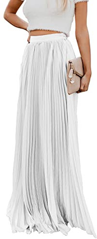 utcoco Damen Eleganter Maxirock Hohe Taille Plissee Chiffon Lange Röcke für Frauen, Weiss/opulenter Garten, Groß