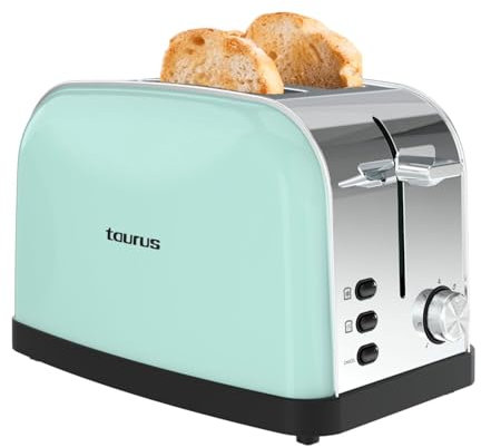 Taurus – Tostapane Vintage II Mint 950W | 2 Fessure 135x35mm | 7 Livelli | 3 Funzioni | Inox | Centratura automatica | Raccoglibriciole | Sollevamento extra | Avvolgicavo | Verde menta