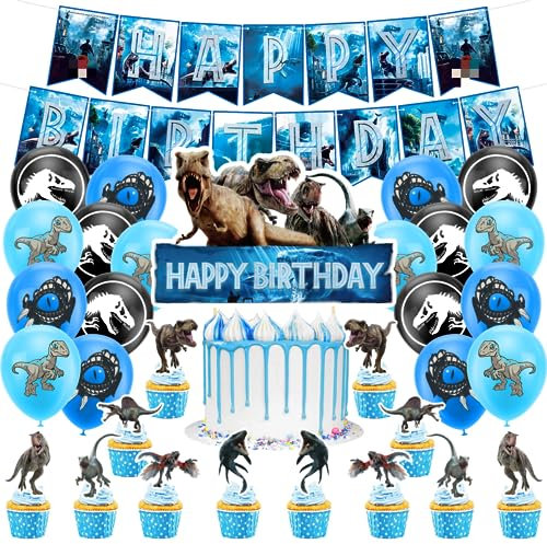 XRHOT Dinosaurier Geburtstag Deko 46PCS Dinosaurier Geburtstagsdeko Jurassic Dino Luftballon Happy Birthday Banner Dino Tortendeko Geburtstag Deko für Dino Deko Kindergeburtstag