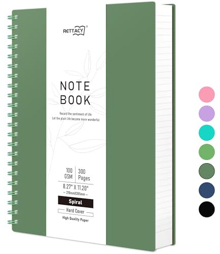 RETTACY Notizbuch A4 Gepunktetes, Bullet Dot Journal, Spiral-Notizbücher 300 Blatt/150 Seiten zum Schreiben, 100gsm, PVC Hardcover, für Frauen Männer Arbeit Büro Schule, 21.5 x 27.9cm - Dunkelgrün