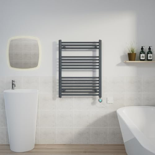 Warmehaus Prefilled 800x600mm Straight Electric Heated Towel Rail with Timer Thermostatic Bathroom Radiator Anthracite - 400W(Chrome Heating Element)