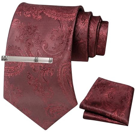 JEMYGINS Herren Paisley Krawatten set mit Krawattenklammer und Einstecktuch,Rosa Braun, Dunkelrot Braun, Kremlin-Rot