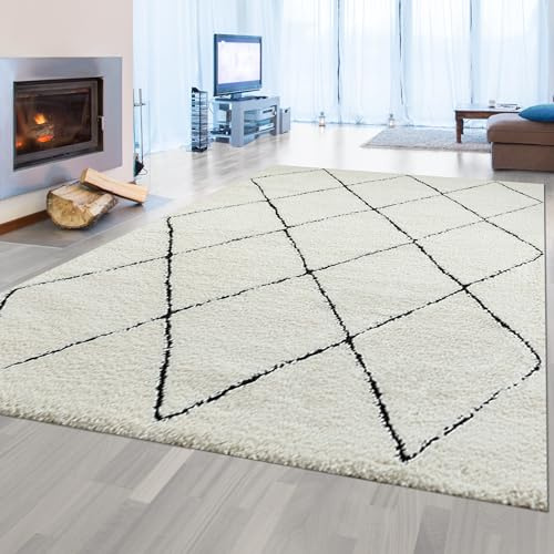CARPETIA Shaggy Hochflor Teppich Rauten Weiß Schwarz 140x200 cm | Weich, pflegeleicht, strapazierfähig und seitlich gekettelt, OEKO-TEX geprüft, Rautenmuster mit Fransen für Wohnräume