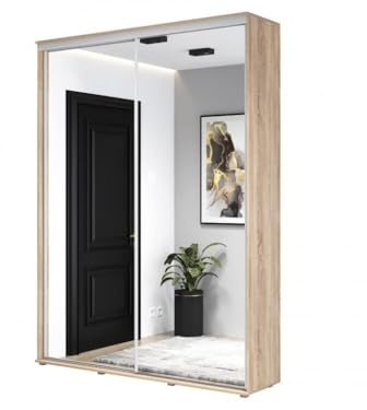 Meble Slupia - ZUZA 2 Garderobenschrank - Kleiderschrank mit Spiegel und Schiebetüren - 140x242x45cm - Kleiderstange Schrank - für Schlafzimmer, Flur - Laminierte Platte, Sonoma-Eiche