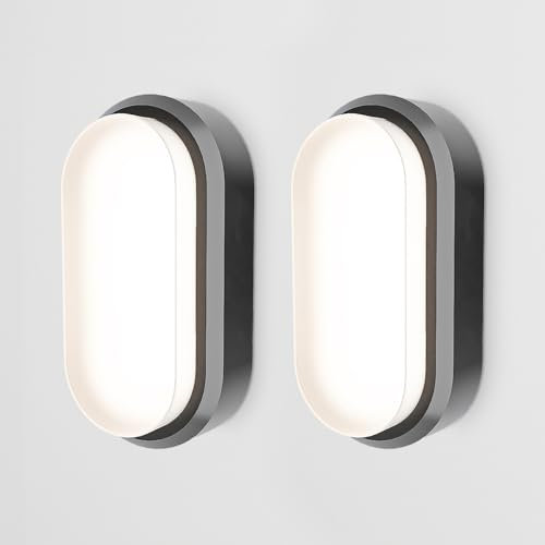 HOFTRONIC 2er Set - C-Series LED Kellerlampe Schwarz - 12W 1160lm Wandleuchte Oval - IP54 LED Feuchtraumleuchte - 4000K Neutralweiß - Wandlampe Deckenlampe für Treppe Flur Keller WC Garage