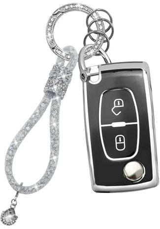 Yumzeco Compatible avec Peugeot Citroen Coque Clé Voiture 2 Boutons, 207 307 308 407 408 C2 C3 C4 C5 C6 C8 Silicone TPU Clé de Voiture avec Lanière Brillante-Noir